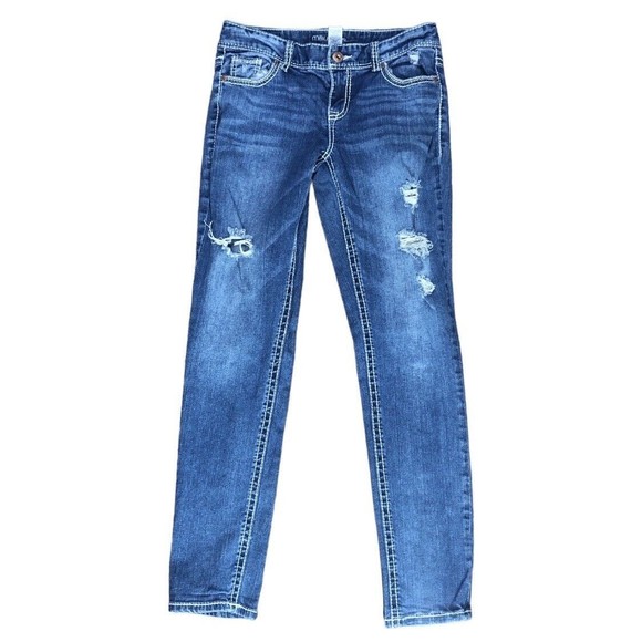 Maurices Denim Jeans Jeggings Distressed  Patch BOHO 3 Long Stretch - Picture 13 of 14